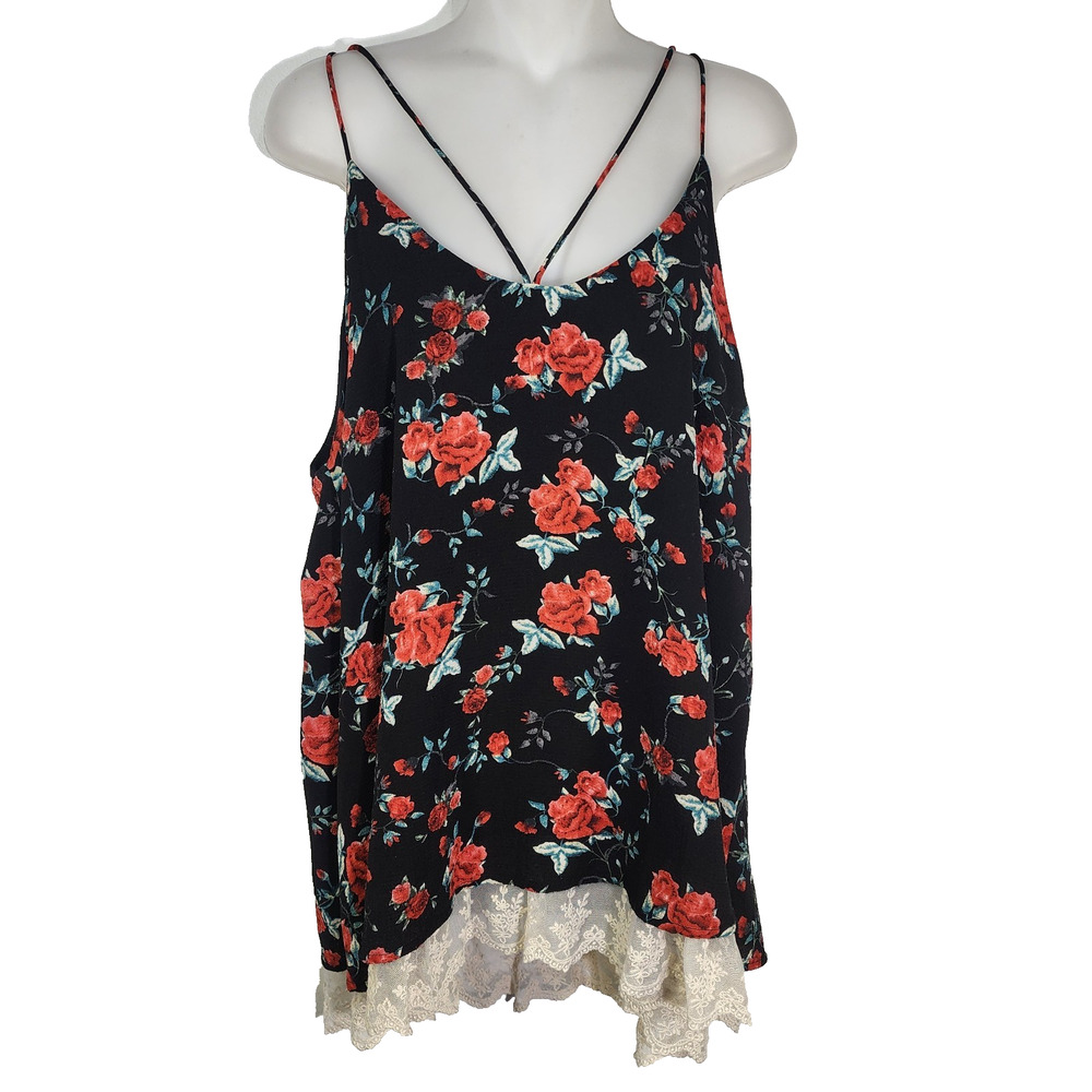 Umgee Tank Top Large Black Red Mix Floral Criss Cross Lace Hem Spaghetti Strap